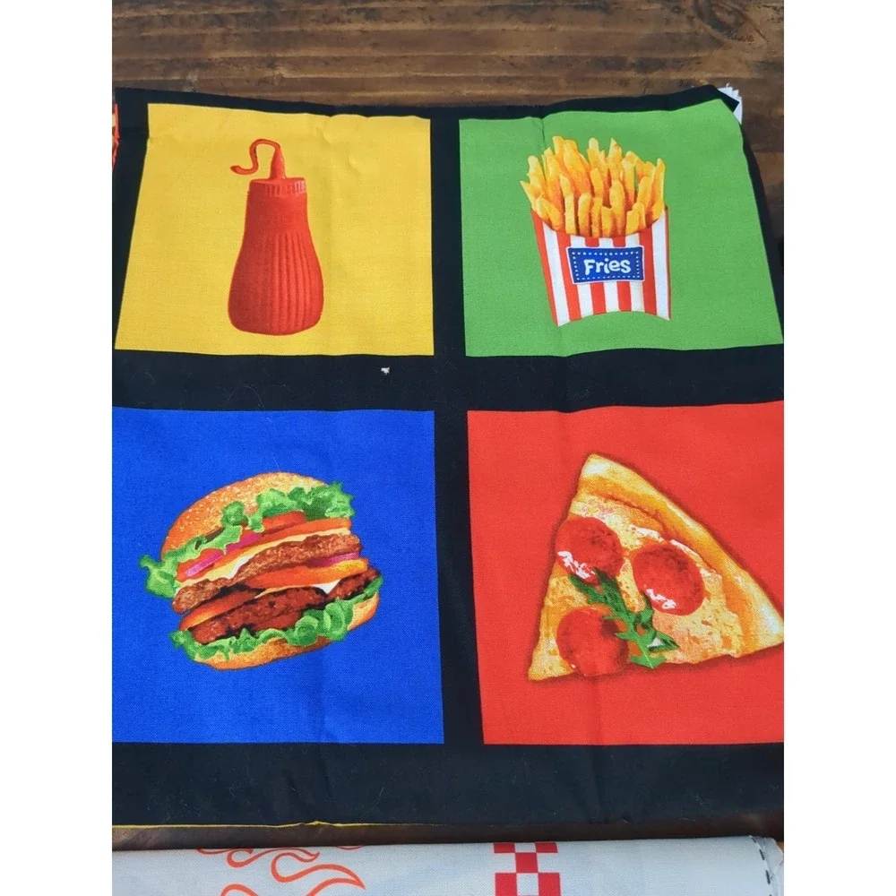 Lot of Fabric pizza burgers fruit‎ veggies knives paisley fries red, blue, black